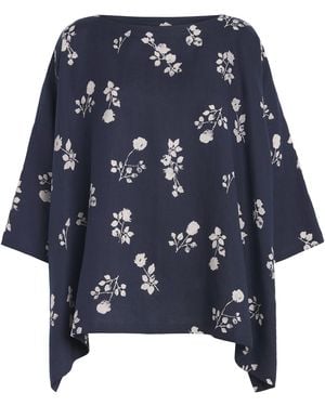 Eskandar Linen Floral Boat-Neck Blouse - Blue
