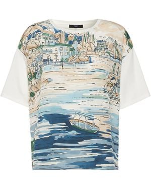 Weekend by Maxmara Stretch-Cotton Silk-Trim Printed T-Shirt - Blue