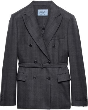 Prada Wool Check Double-Breasted Blazer - Blue