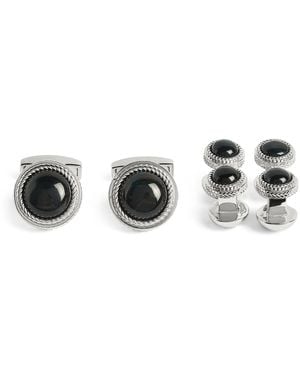 Tateossian Sterling And Onyx Herringbone Cufflinks And Studs Set - Metallic