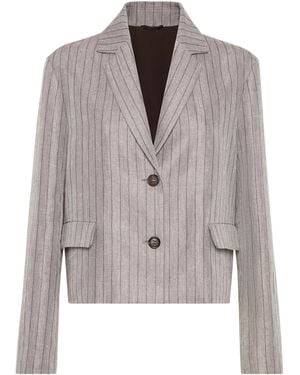 Brunello Cucinelli Techno Linen Stripe Cropped Blazer - Gray