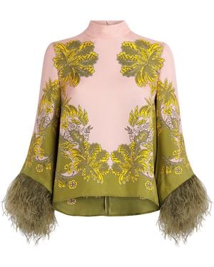 La DoubleJ Ostrich Feather-Trim Scala Top - Green