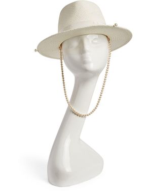 Ruslan Baginskiy Straw Fedora Hat With Pearl Chain Chin Strap - White