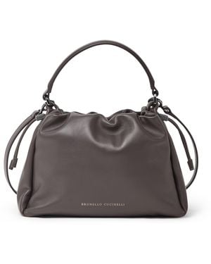 Brunello Cucinelli Small Leather Mellow Bucket Bag - Grey