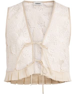Sandro Guipure Lace Embellished Crop Top - Natural