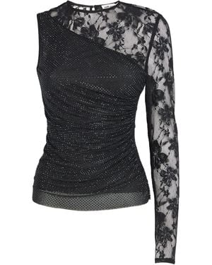 Self-Portrait Rhinestone-Lace One-Shoulder Top - Black