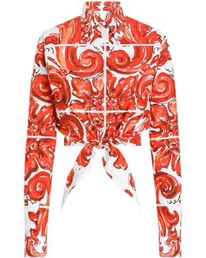 Dolce & Gabbana Cotton Majolica Print Tie-Waist Shirt - Red
