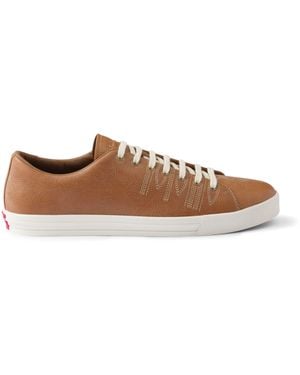 Prada Leather Aged Low-Top Sneakers - Brown
