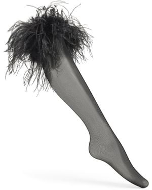 Oséree Feather-Trim Stay Up Thigh-High Stockings - Black