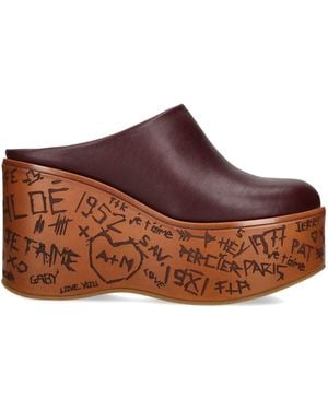 Chloé Leather Wedge Mules 80 - Brown