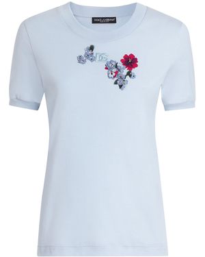 Dolce & Gabbana Floral Appliqué Logo T-Shirt - Blue
