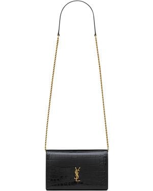 Saint Laurent Cassandre Croc-Embossed Envelope Chain Wallet - White