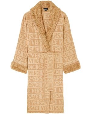 Versace Faux Fur-Trim Monogram Dressing Gown - Natural