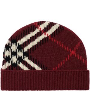 Burberry Cashmere-Blend Check Beanie - Red