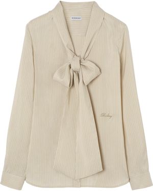 Burberry Silk Stripe Scarf Blouse - Natural