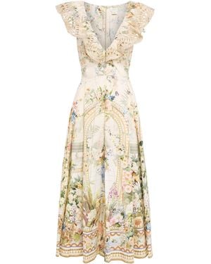 CAMILLA Stretch-Cotton Midsummer Masterpiece Frill Neck Midi Dress - Metallic