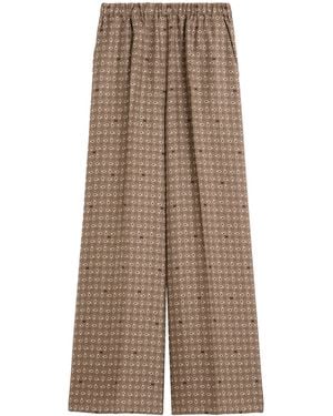 Max Mara Silk Twill Printed Wide-Leg Trousers - Brown