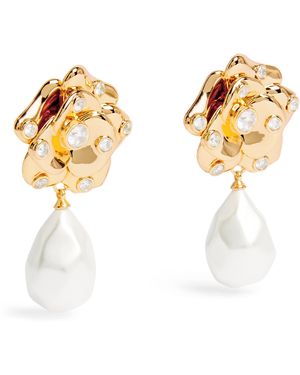 Self-Portrait Crystal And Faux Pearl Flower Earrings - Metallic