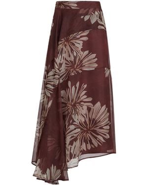 Brunello Cucinelli Silk Floral Midi Skirt - Brown