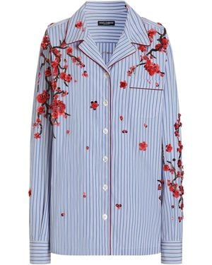 Dolce & Gabbana Cotton-Silk Stripe Embellished Shirt - Blue