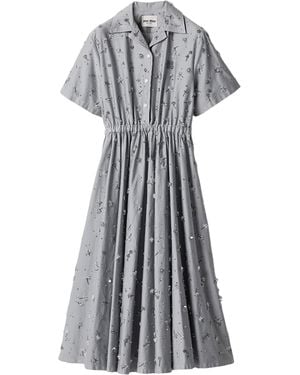 Miu Miu Cotton Satin Embellished Midi Shirt Dress - Grey