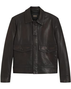 BOSS Calf Leather Aviator Jacket - Black