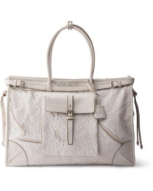 Prada Printed Linen And Leather Bonnie Tote Bag - Grey