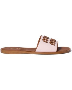 Miu Miu Canvas-Leather Logo Sandals - Brown