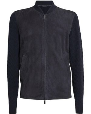 Giorgio Armani Suede Virgin Wool-Sleeve Bomber Jacket - Blue
