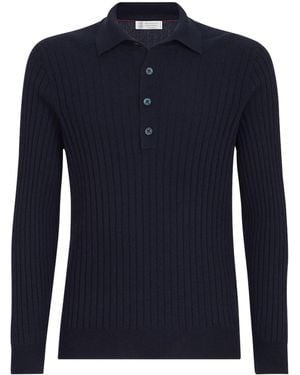 Brunello Cucinelli Cashmere Rib Polo Jumper - Blue