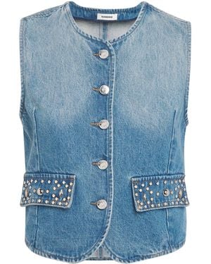 Sandro Embellished Denim Waistcoat - Blue