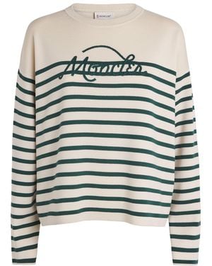 Moncler Virgin Wool Stripe Logo Sweater - White