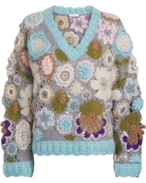 Ganni Mohair-Blend Dreamy Floral Jumper - Blue