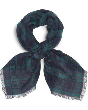 McQueen Silk Skull Print Scarf - Blue