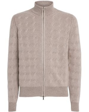FIORONI CASHMERE Cashmere Cable-Knit Zip-Up Sweatshirt - Brown