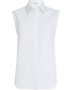 Brunello Cucinelli Stretch-Cotton Poplin Sleeveless Shirt - White