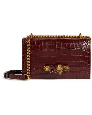 McQueen Medium Croc-Embossed Jewelled Satchel Bag - Red