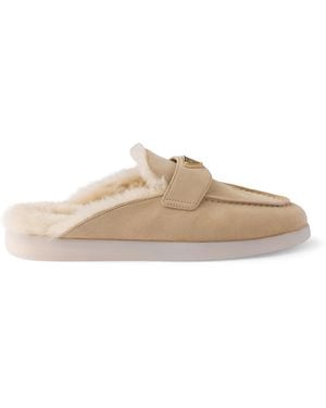 Prada Suede Shearling-Lined Mules - Natural
