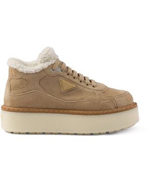 Prada Suede Shearling Platform Sneakers - Natural