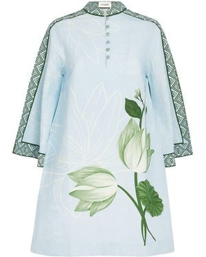 VERANDAH Cotton-Hemp Kaftan Mini Dress - Blue