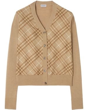 Burberry Wool-Silk Check Panel Cardigan - Natural