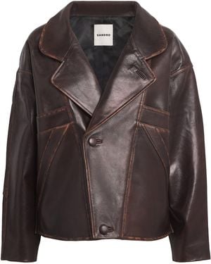 Sandro Double-Breasted Leather Jacket - Black