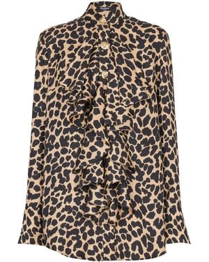 Balmain Silk Leopard Ruffled Shirt - Black