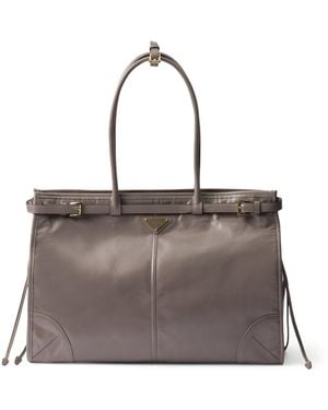 Prada Large Leather Belted Tote Bag - Grey
