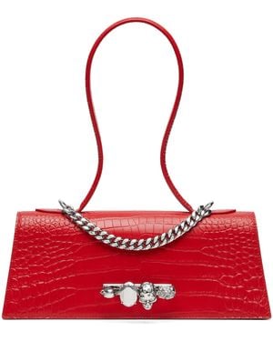McQueen Croc-Effect Jewelled Top-Handle Bag - Red