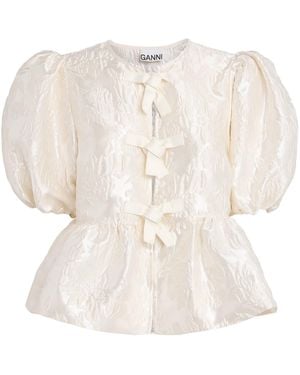 Ganni Satin Jacquard Peplum Blouse - White