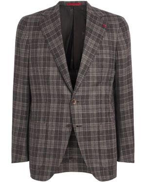 Isaia Wool-Cashmere-Silk-Linen Check Blazer - Brown