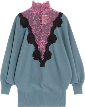 Valentino Wool-Lace High-Neck Sweater - Blue