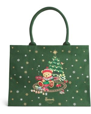 Harrods Medium Christmas Bear Tote Bag - Green