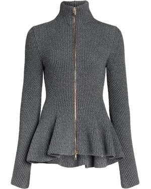 Alaïa Wool-Cashmere Peplum Cardigan - Gray